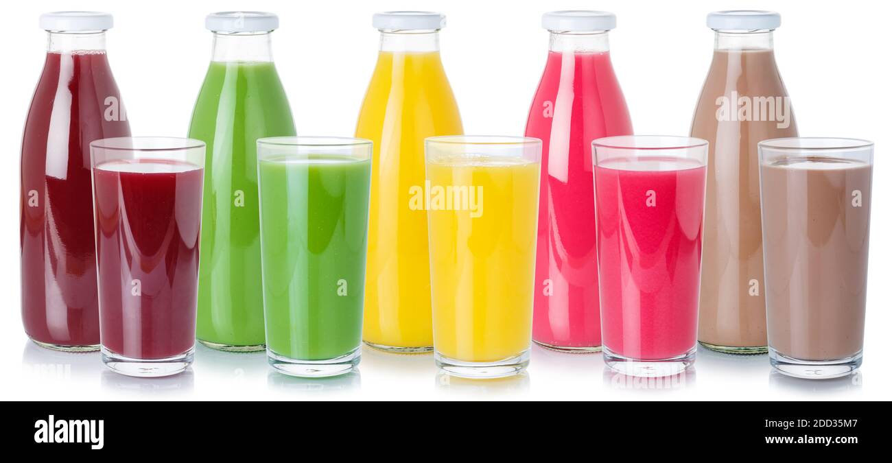 Sammlung von Getränken Fruchtsaft Getränke Getränke Flasche Glas isoliert Auf weißem Hintergrund Stockfoto