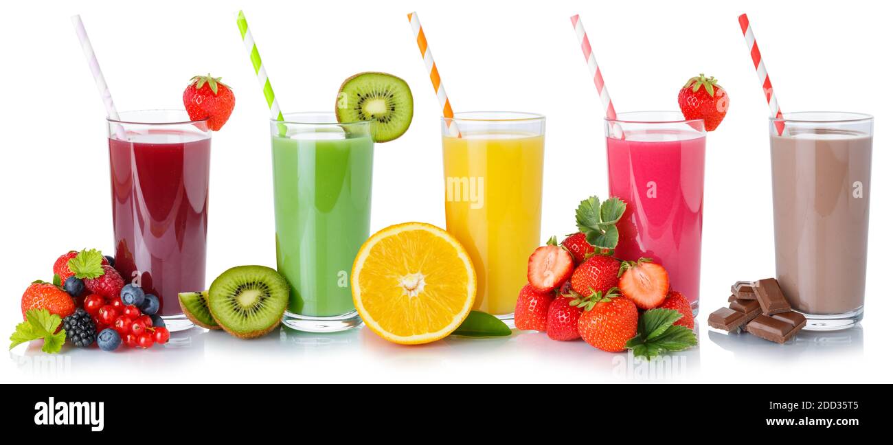 Getränke Getränke Fruchtsaft Sammlung trinken Stroh Früchte Glas isoliert Auf weißem Hintergrund Stockfoto