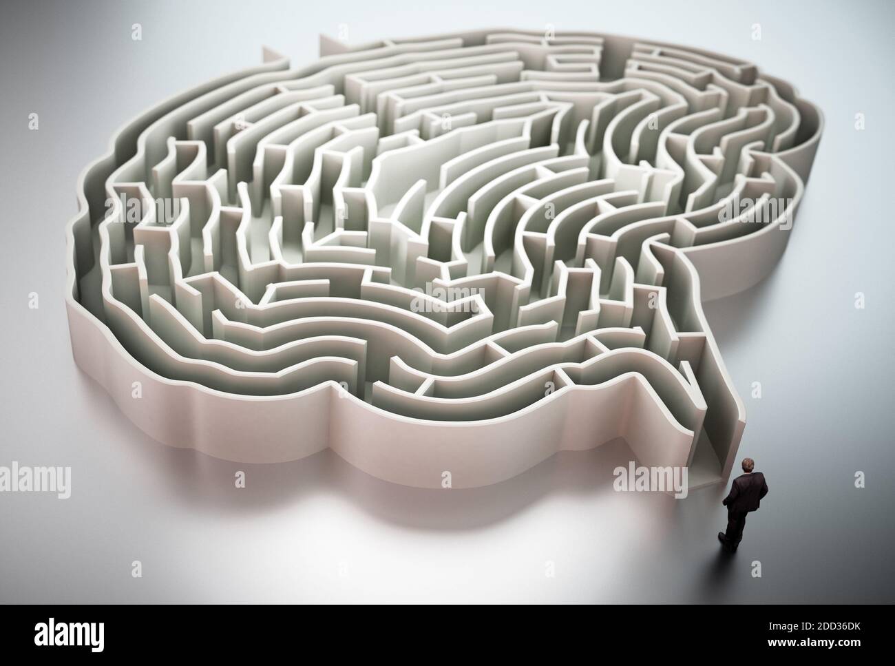Geschäftsmann steht am Eingang des hirnförmigen Labyrinth 3D-Illustration. Stockfoto