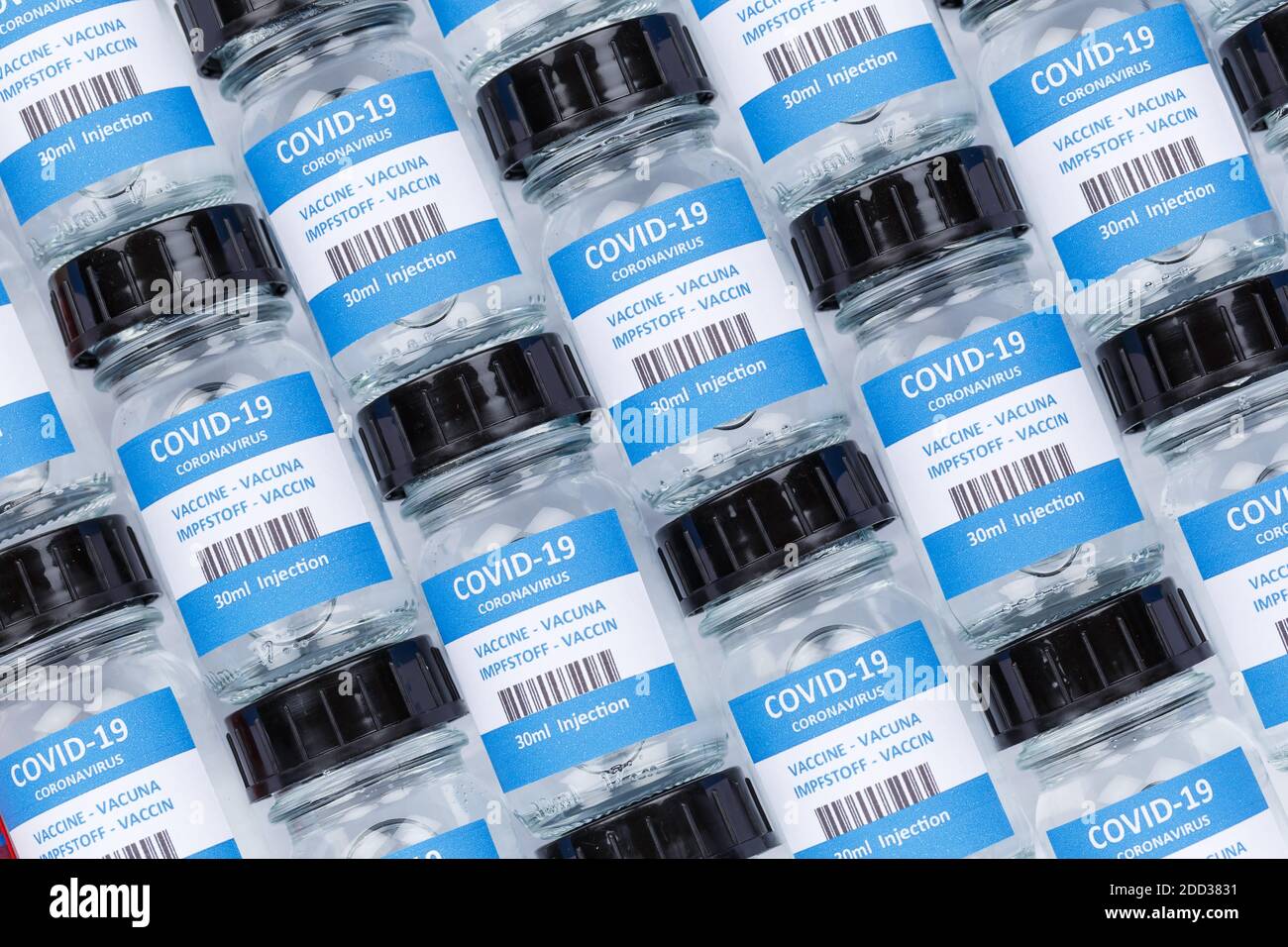 Coronavirus-Impfstoffflasche Corona Virus COVID-19 Covid-Impfstoffe Hintergrundflaschen Stockfoto