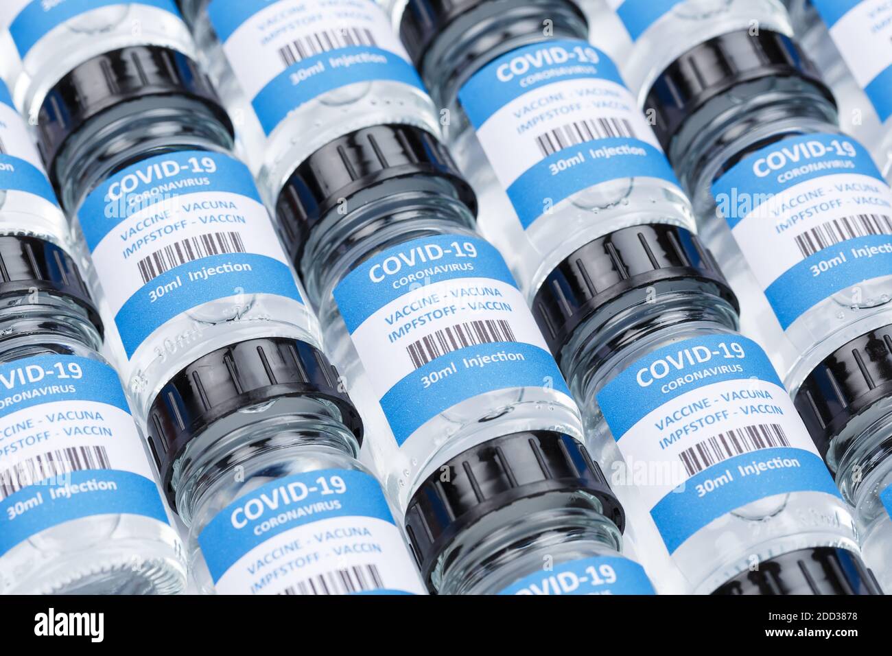 Coronavirus-Impfstoffflasche Corona Virus COVID-19 Covid-Impfstoffe Hintergrundflaschen Stockfoto