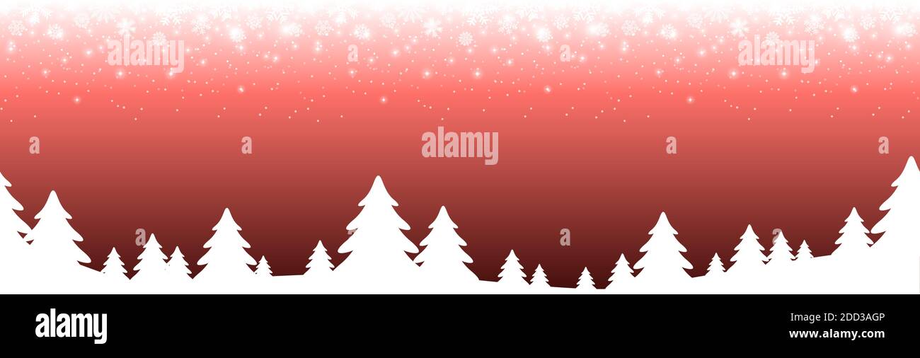 eps-Vektordatei zeigt eine nahtlose weihnachts-Panorama-Header mit Schneefall und Silhouette von Waldbäumen, Hintergrund rot gefärbt Stock Vektor