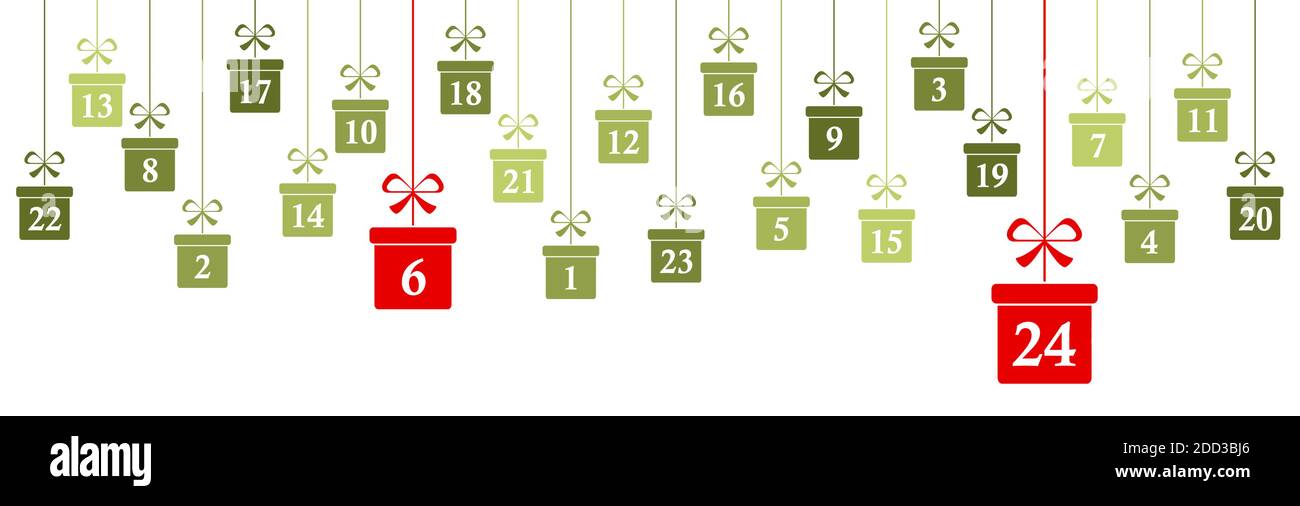 Hängende weihnachtsgeschenke grün gefärbt mit Zahlen 1 bis 24 Zeigt Adventskalender für Weihnachten und Winterzeitkonzepte Panorama Stil Stock Vektor