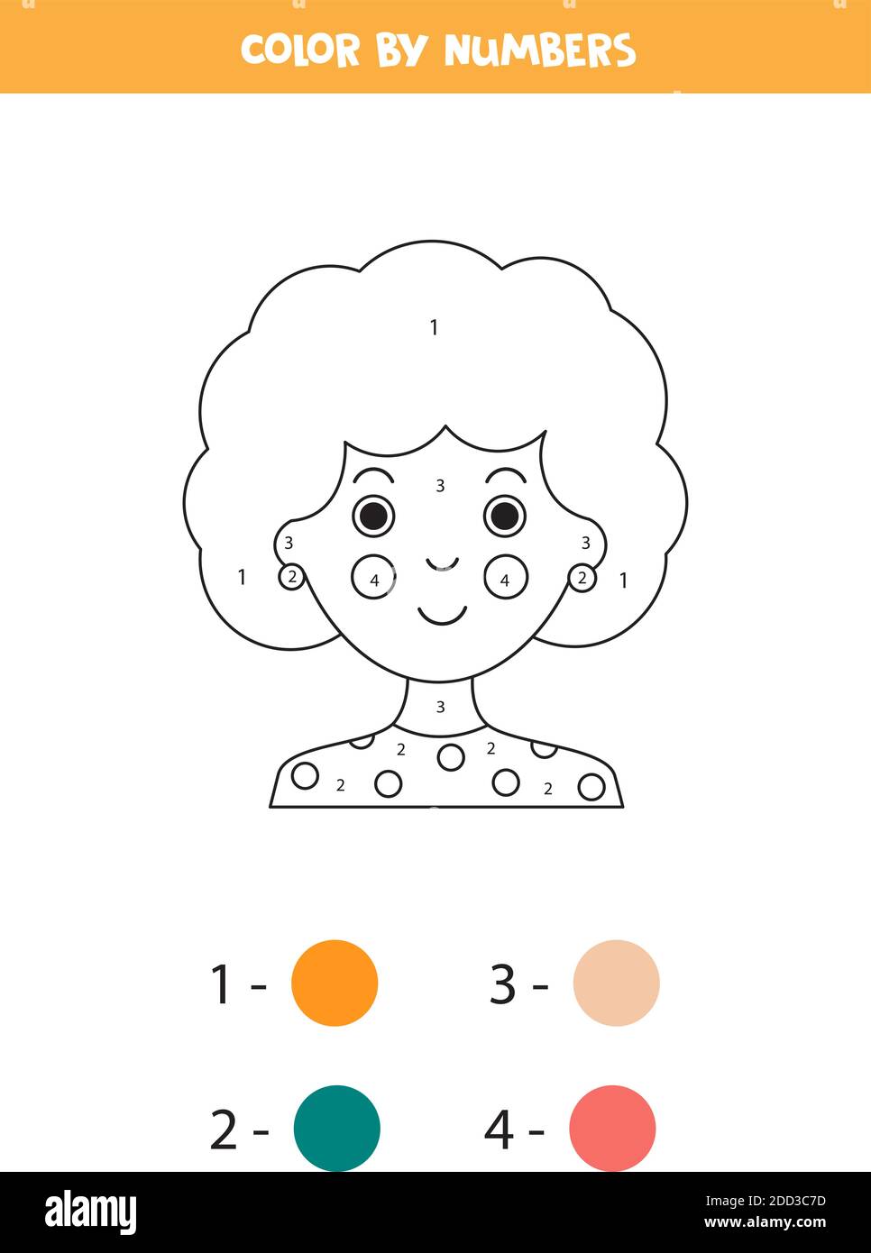 Farbe niedlich Cartoon Mädchen Gesicht nach Zahlen. Pädagogische Mathe Spiel für Kinder. Stock Vektor