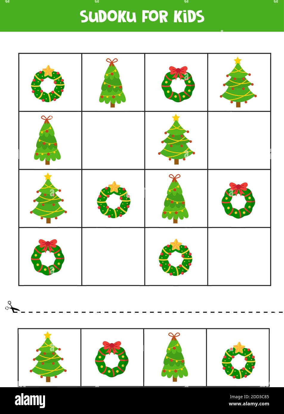 Sudoku für Kinder mit Weihnachtskränzen und Tannenbäumen. Pädagogisches logisches Spiel. Stock Vektor