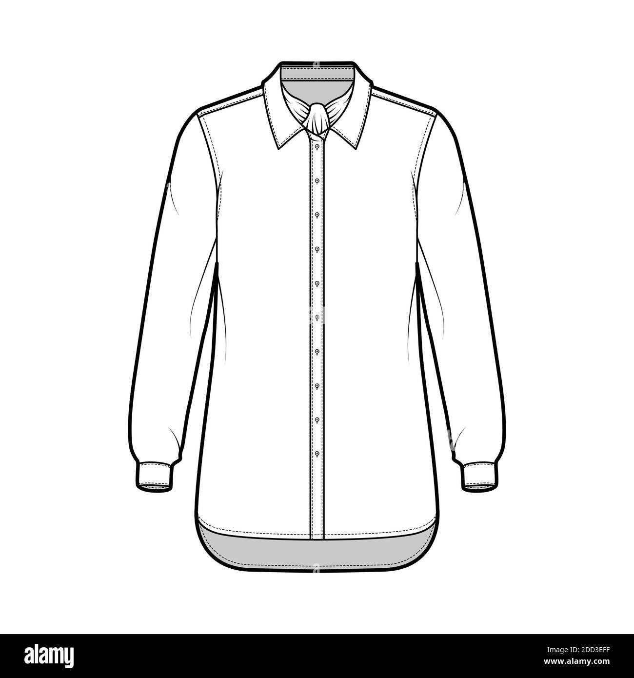 Shirt ascot Streifen technische Mode-Illustration mit Schleife, lange Ärmel mit Manschette, übergroße, Button-Down, regulären Kragen. Flache Schablone vorne, weiß, Farbe. Damen Herren Unisex TOP CAD Mockup Stock Vektor