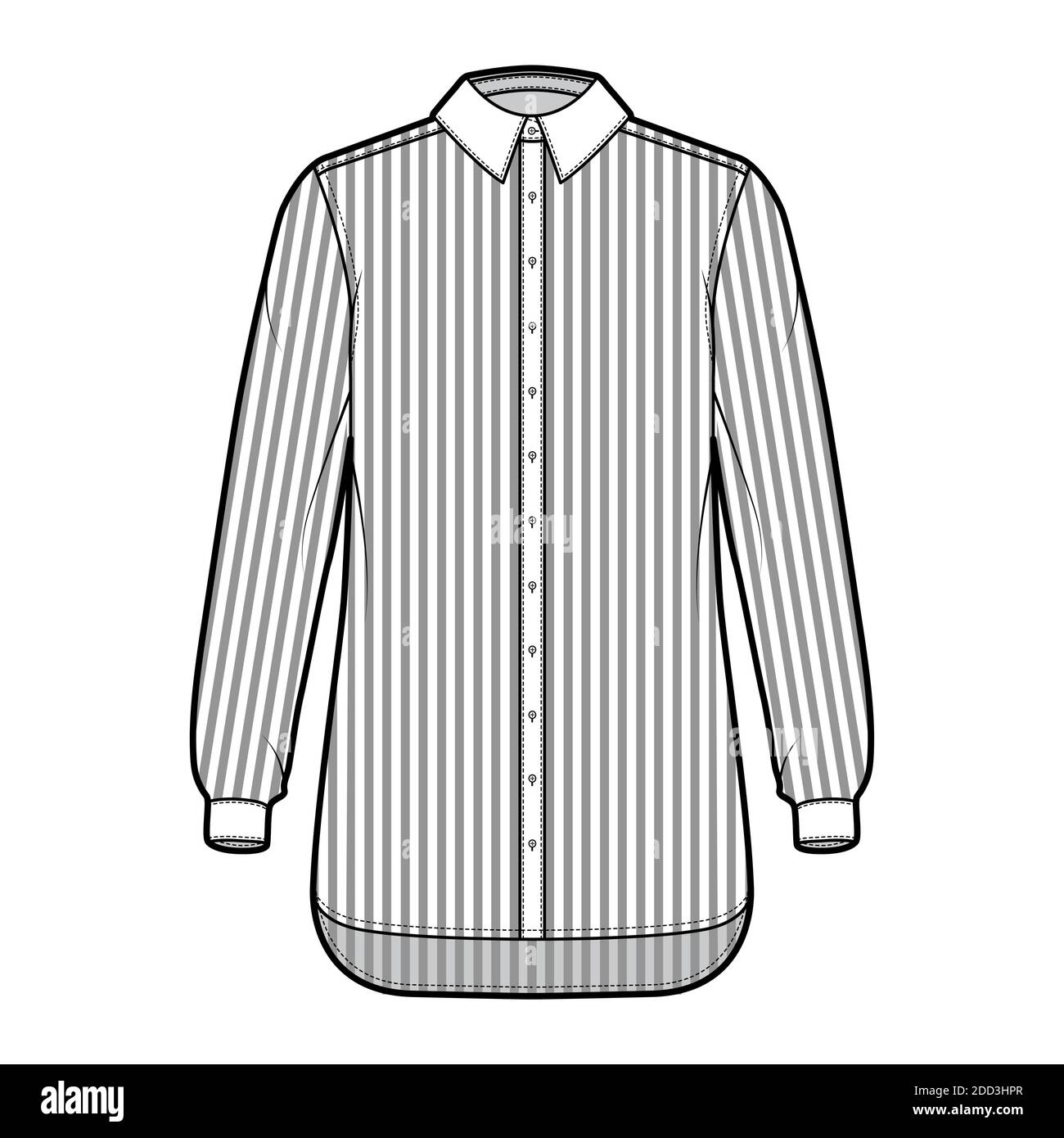 Shirt cleric Streifen technische Mode-Illustration mit langen Ärmeln mit Manschette, Relax-Fit, Button-Down, regulären Kragen. Flache Schablone vorne, weiß, Farbe. Damen Herren Unisex TOP CAD Mockup Stock Vektor