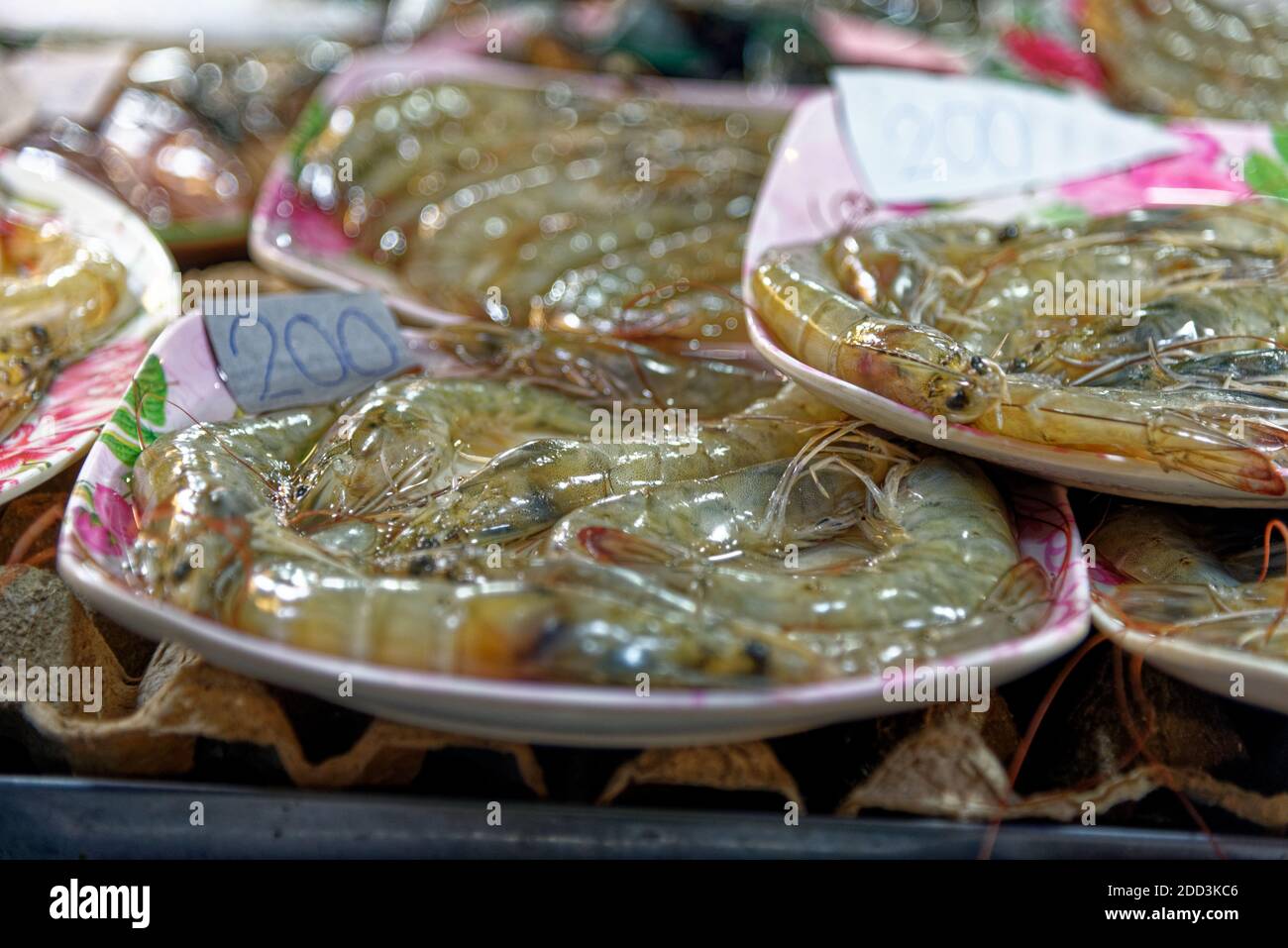 Frische Garnelenplatte auf dem Fischmarkt in Ao Nang - Thailand Südostasien Stockfoto