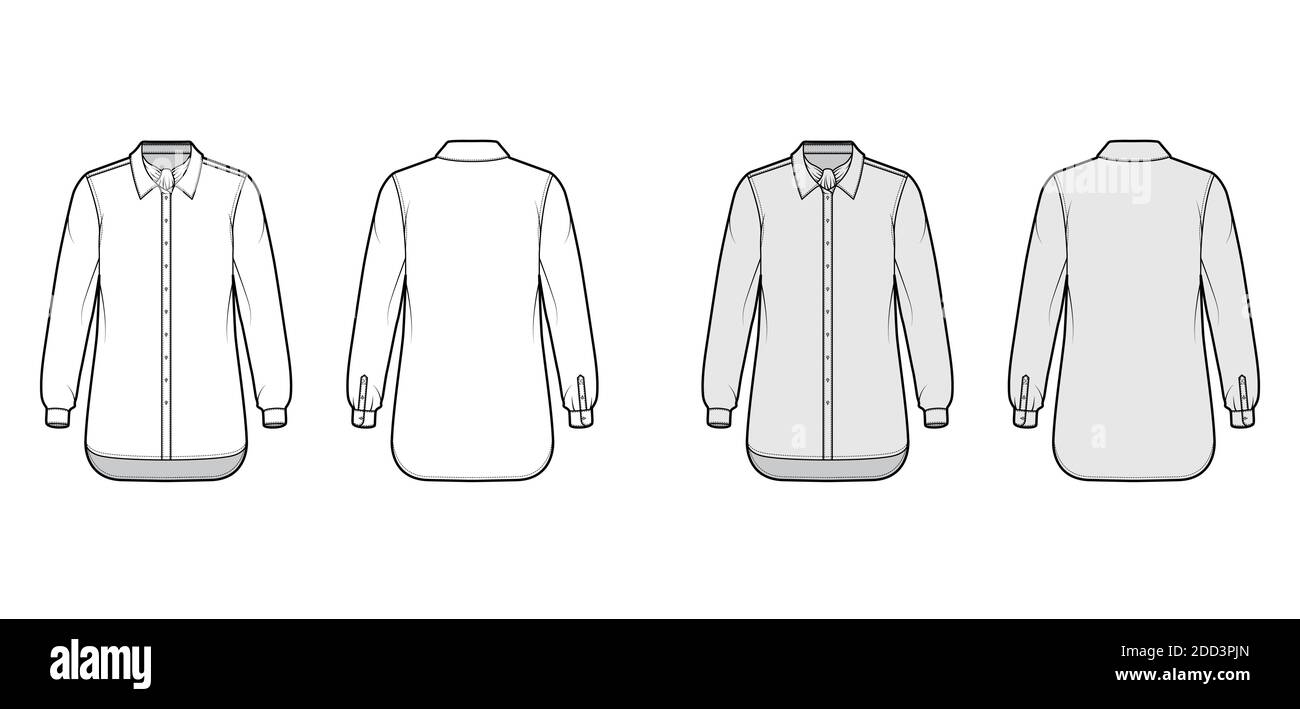 Shirt ascot Streifen technische Mode-Illustration mit Schleife, lange Ärmel mit Manschette, übergroße, Button-Down, regulären Kragen. Flache Schablone vorne, Rückseite weiß, graue Farbe. Damen Herren Unisex TOP CAD Mockup Stock Vektor