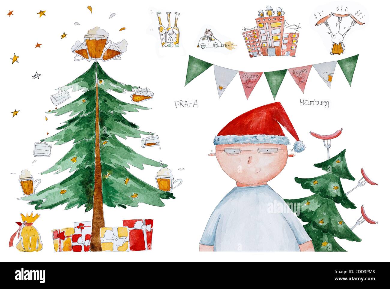 Aquarell-Weihnachtsset mit Handzeichnung Baum, Fahnen, Garaland, Geschenke und Pints Bier. Helles Licht festlichen Hintergrund für Stoffe, Verpackung pa Stockfoto