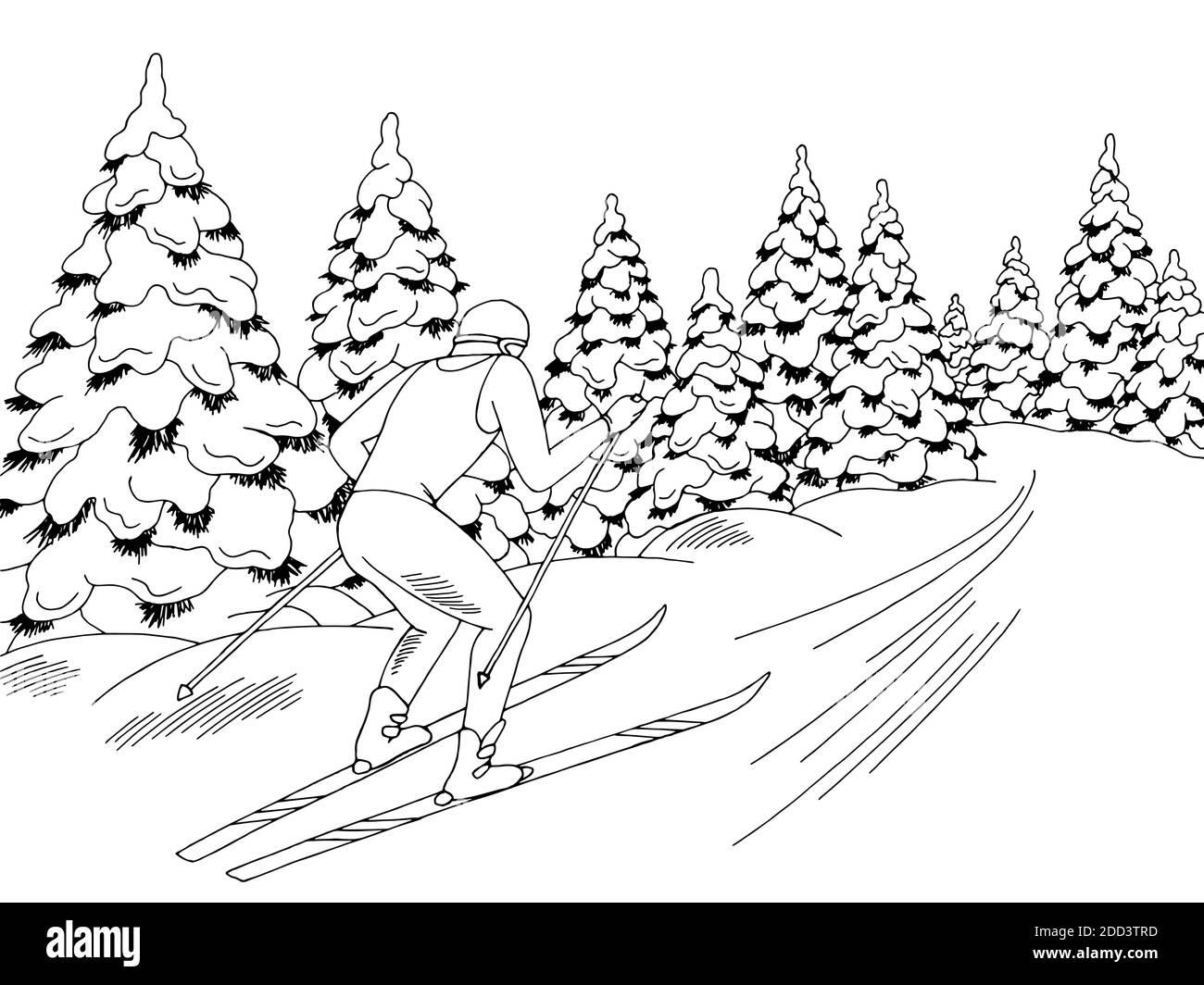 Skifahrer reitet auf der Strecke Grafik schwarz weiß Winterwald Vektor für Skizzendarstellung im Querformat Stock Vektor