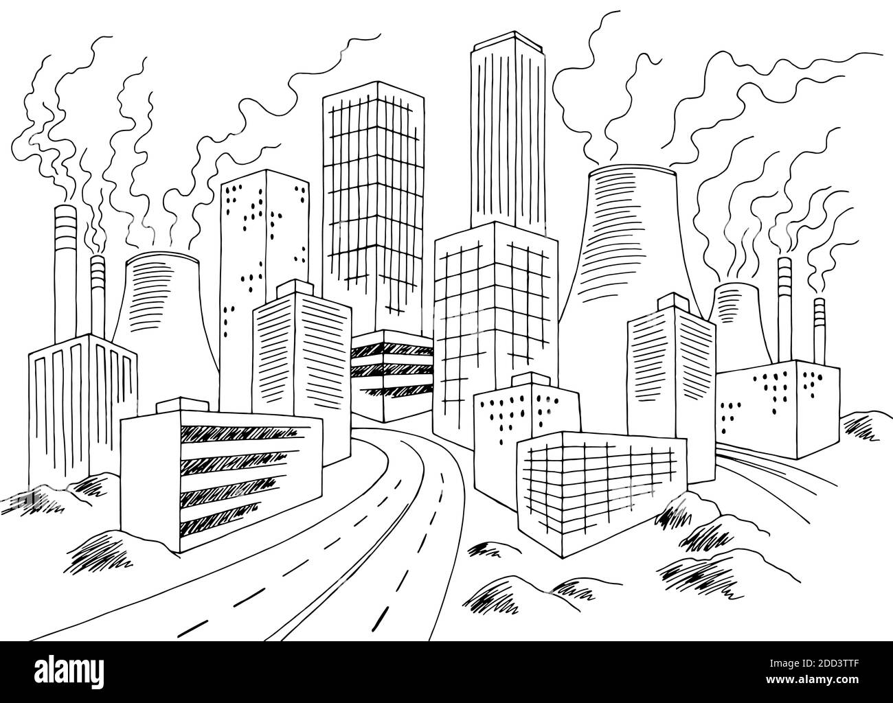 Eco Problem Stadt Grafik schlechte Ökologie schwarz weiß Landschaft Skizze Illustrationsvektor Stock Vektor