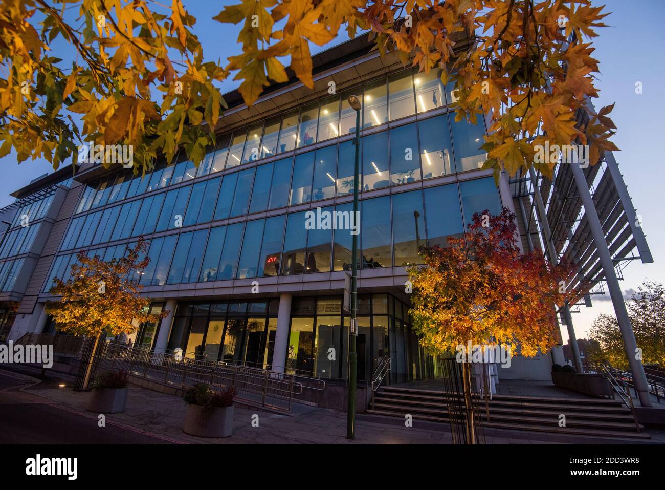 Herbstbäume vor dem Loxley House in der Station Street im Stadtzentrum von Nottingham, Nottinghamshire England Stockfoto