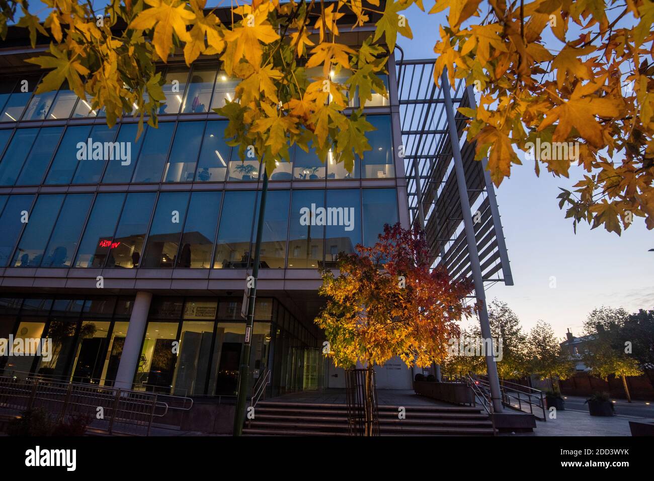 Herbstbäume vor dem Loxley House in der Station Street im Stadtzentrum von Nottingham, Nottinghamshire England Stockfoto