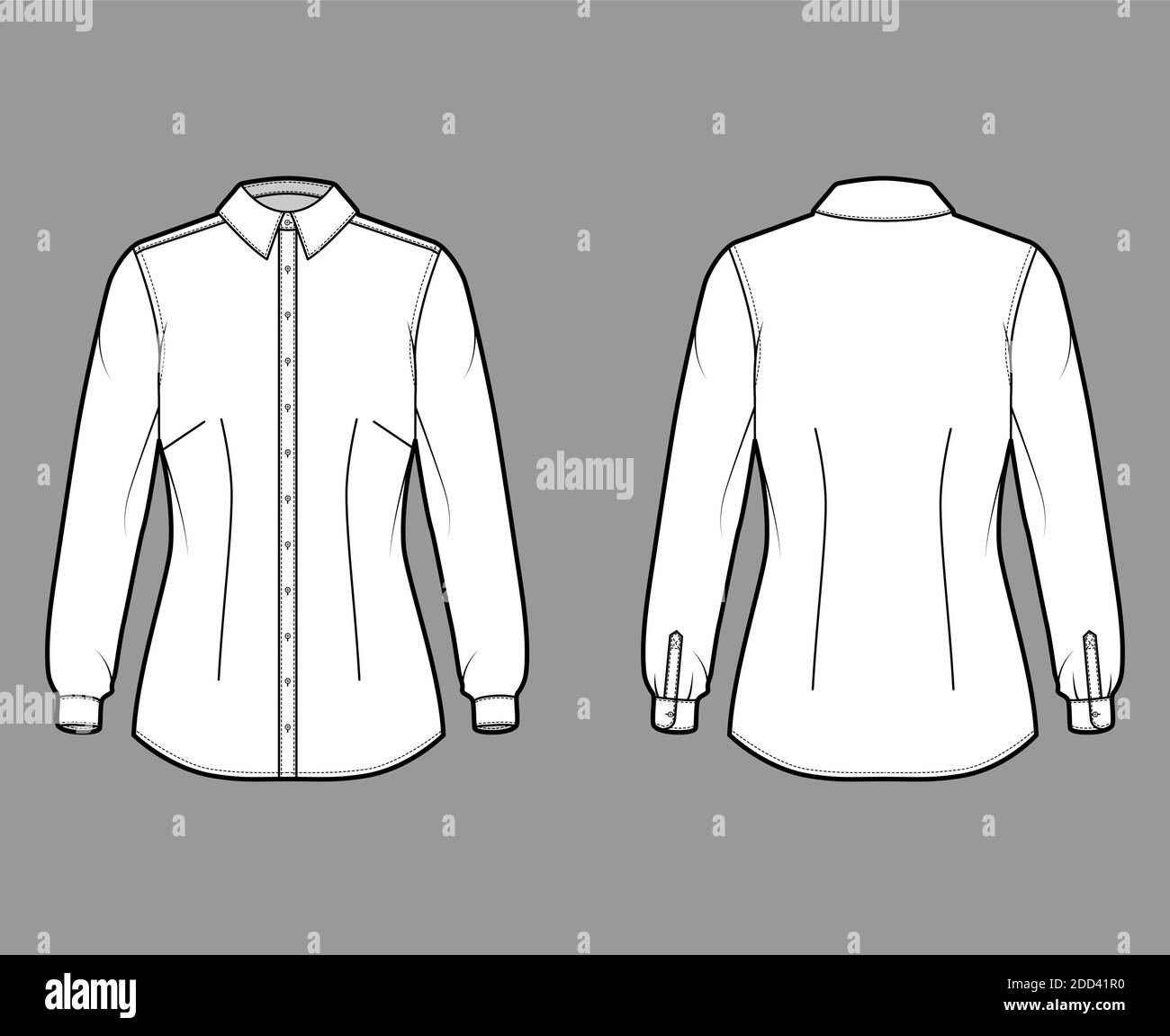 Shirt taillierte technische Mode-Illustration mit langen Ärmeln mit Manschette, Slim Fit, Abnäher, Button-Down, regulären Kragen. Flache Schablone vorne, weiß, Farbe. Damen Herren Unisex TOP CAD Mockup Stock Vektor