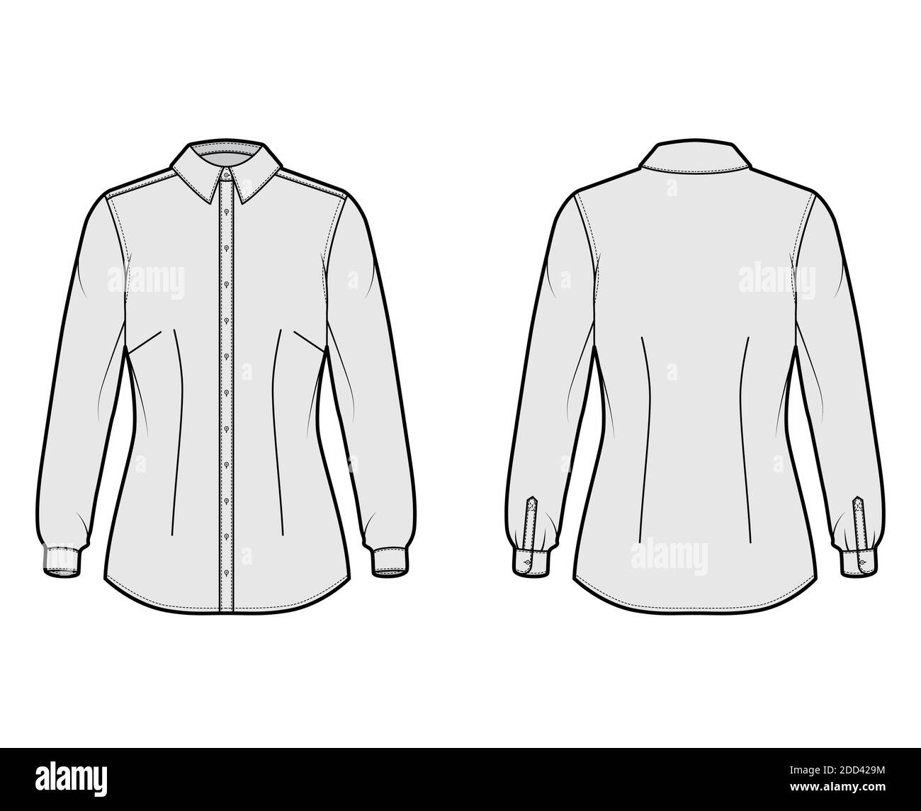 Shirt taillierte technische Mode-Illustration mit langen Ärmeln mit Manschette, Slim Fit, Abnäher, Button-Down, regulären Kragen. Flache Schablone vorne, Rückseite graue Farbe. Damen Herren Unisex Top Mockup Stock Vektor