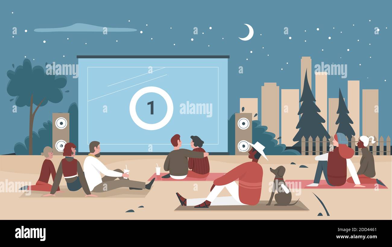 Menschen im Outdoor-Kino Vektor-Illustration. Cartoon Mann Frau Paar Charaktere oder Familie mit Kind sitzen im Open-Air-Kino zusammen, Film, digitale Kinematographie Hintergrund Stock Vektor