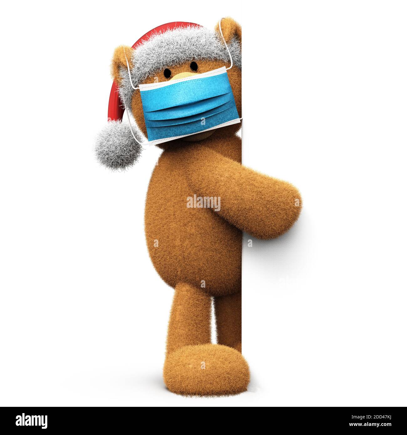 Weihnachts-Teddybär mit Weihnachtsmann Hut und OP-Masken, um Corona COVID-19 Infektion zu verhindern, isoliert auf weißem Hintergrund 3D-Rendering Stockfoto