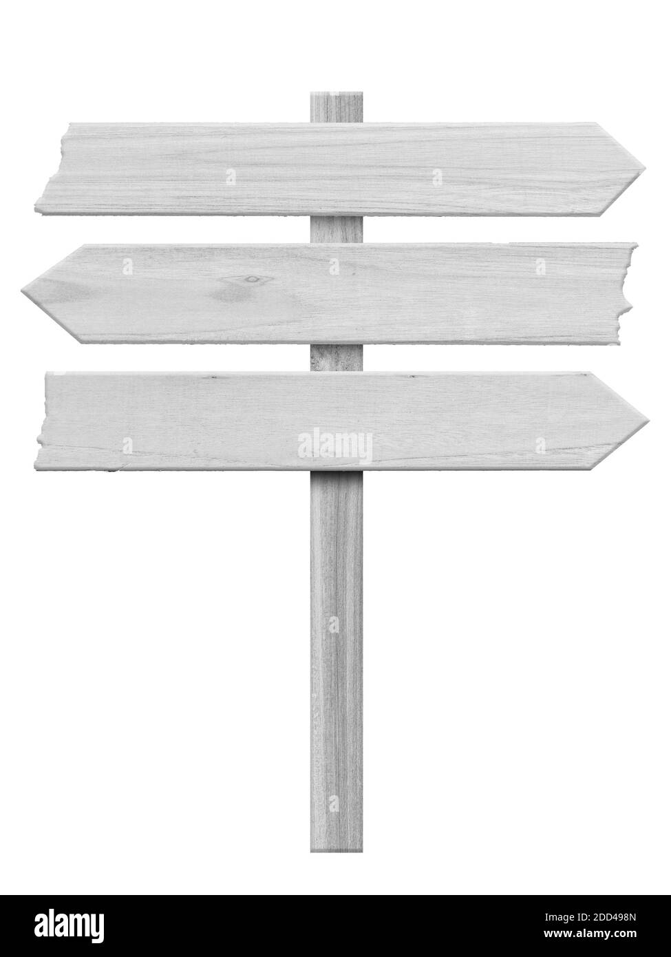 Weißes Holz Pfeil Wegweiser isoliert auf weißem Hintergrund. Objekt mit Beschneidungspfad. Stockfoto