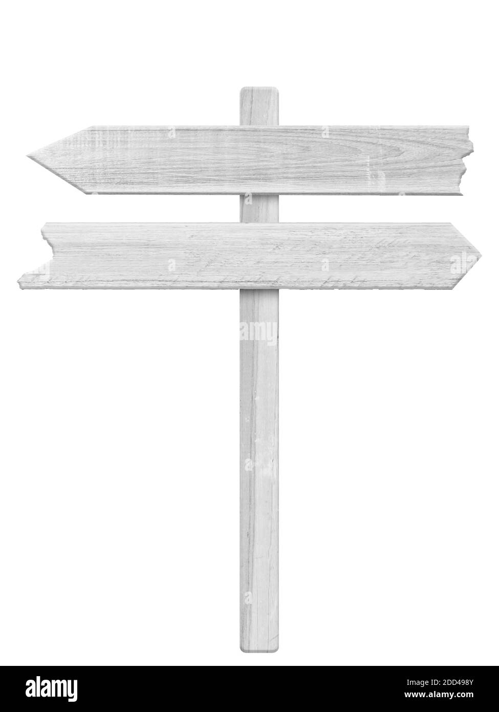 Weißes Holz Pfeil Wegweiser isoliert auf weißem Hintergrund. Objekt mit Beschneidungspfad. Stockfoto