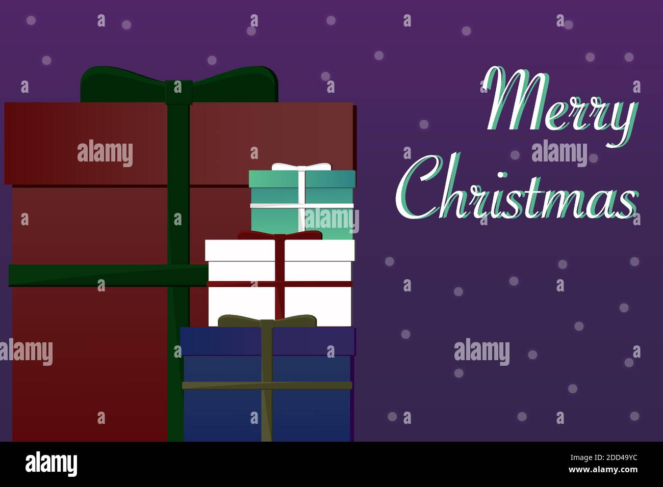 Flache bunte Weihnachts-Geschenkboxen mit Schnee und Bändern. Weihnachten und Neujahr Feiertage Hintergründe und Karten Stock Vektor