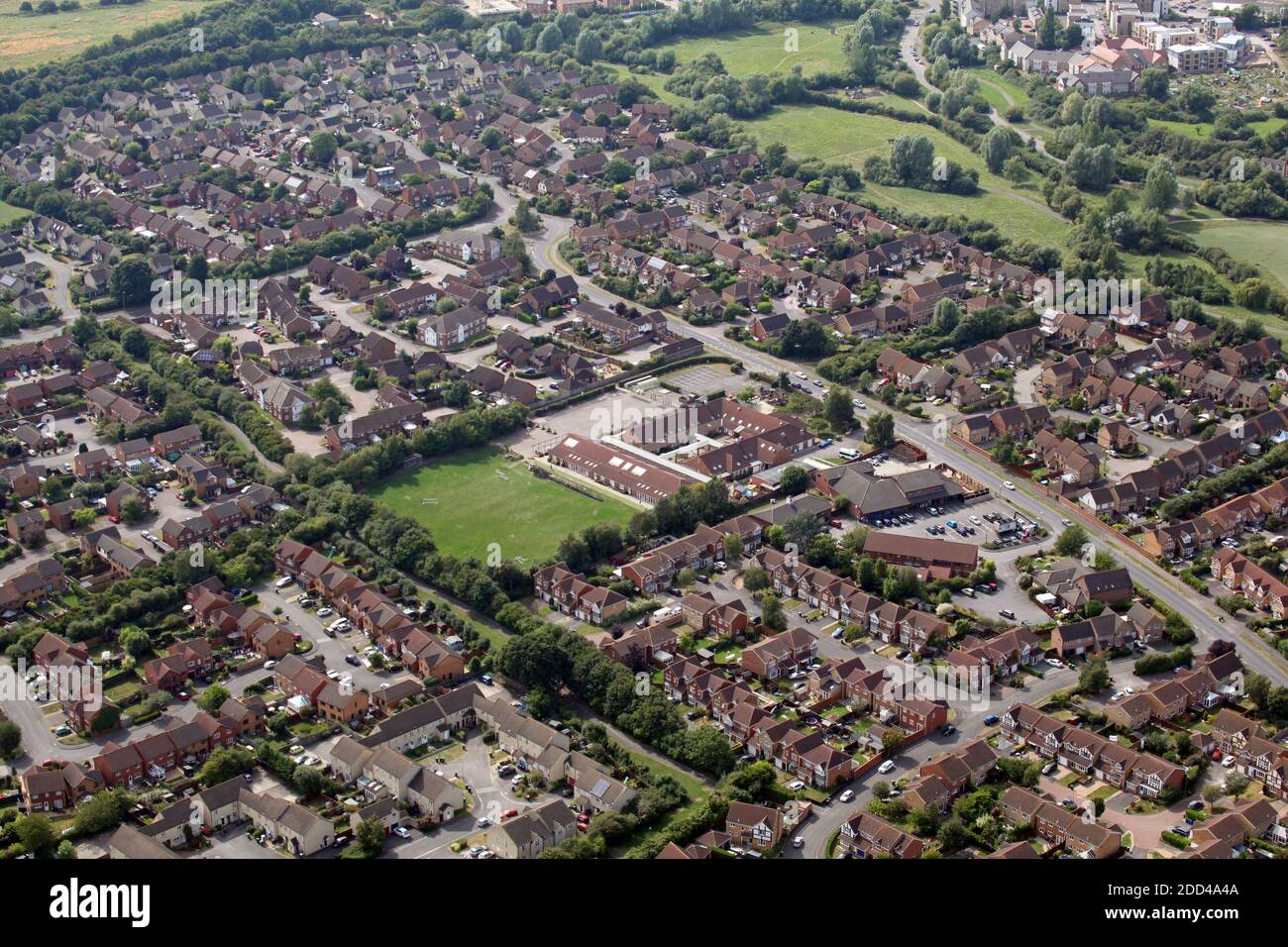 Luftaufnahme der Langford Village Community Primary School, Bicester, Oxfordshire Stockfoto