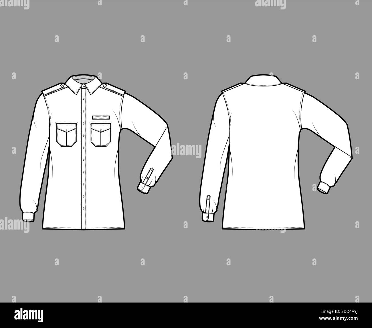 Shirt Militär technische Mode-Illustration mit Schulterklappen, Klappen schrägen Taschen, Ellbogenfalte Langarm, Relax-Passform, Button-Down. Flache Schablone vorne, Rückseite weiß Farbe. Damen Herren Unisex TOP CAD Stock Vektor