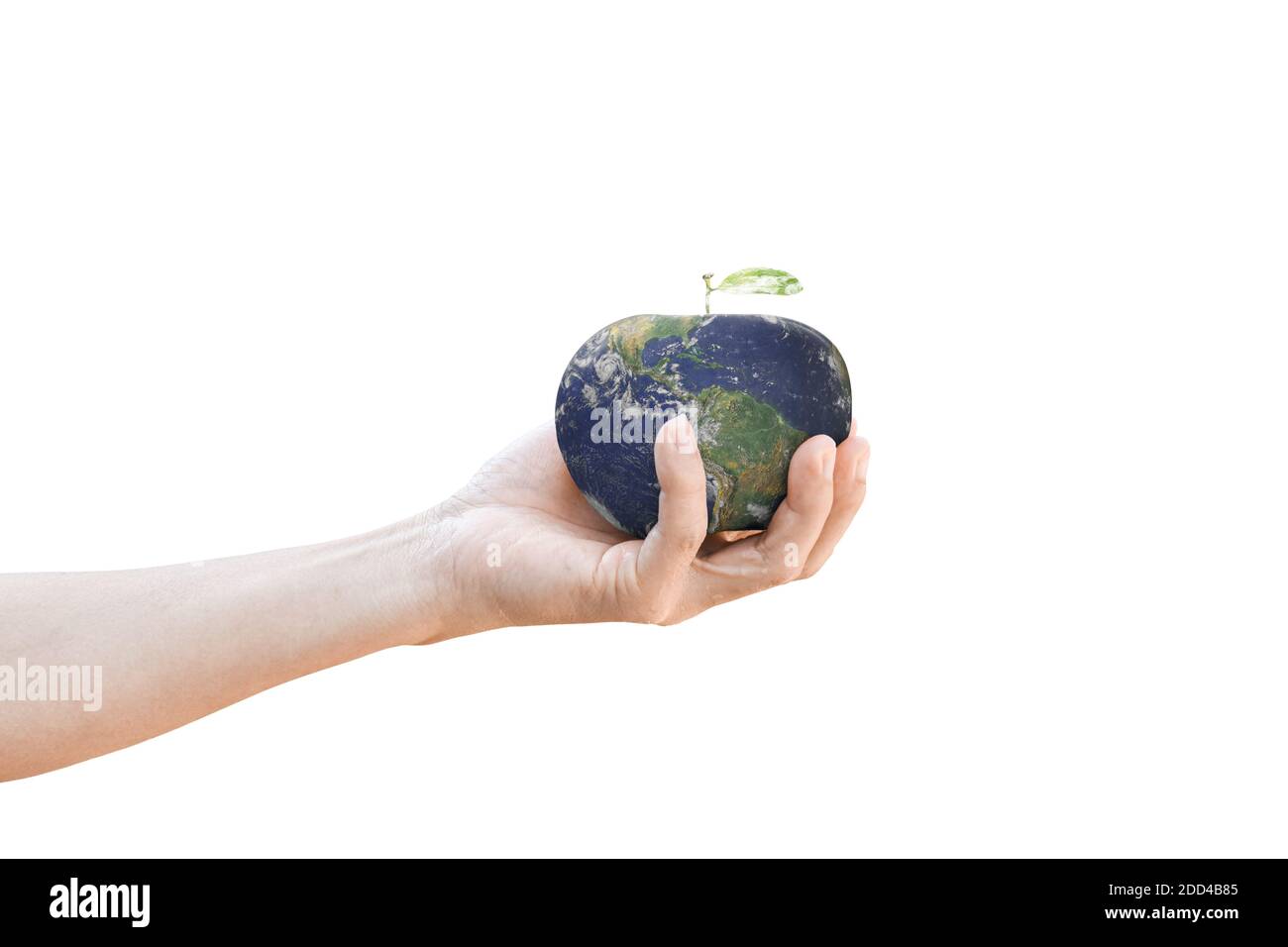 Umgebungskonzept. Hand hält Erdkugel Form von Apfelfrucht, isoliert auf weiß. Mit Clipping Pfad Stockfoto