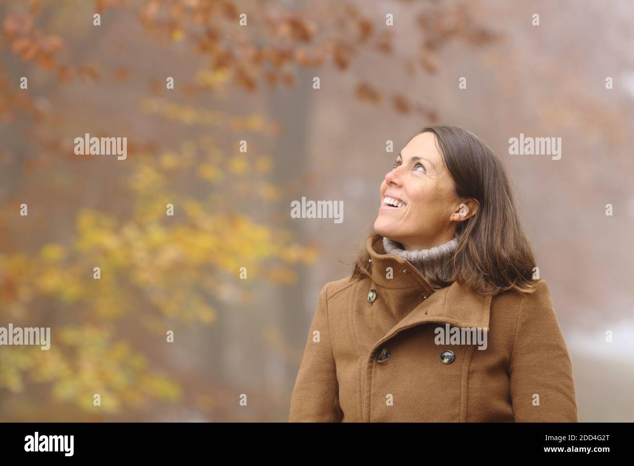 Glückliche Frau im mittleren Alter, die die Aussicht betrachtet, die auf Seite innen schaut Ein Wald im Herbst Stockfoto