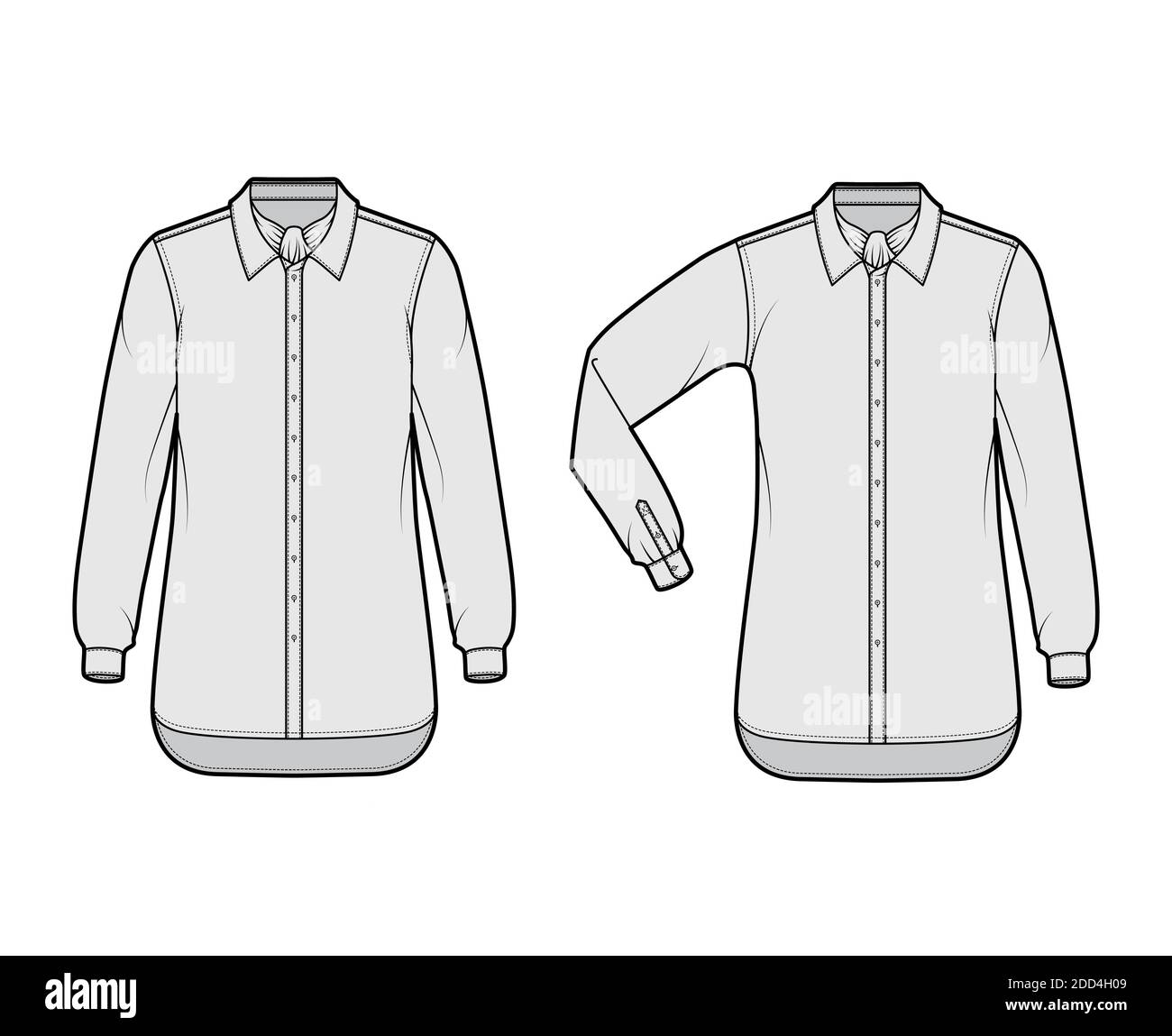Set von Shirt ascot Streifen technische Mode Illustration mit Bindeband, Ellbogenfalte Langarm, Oversize, Button-Down, regulären Kragen. Flache Schablone vorne, graue Farbe. Damen Herren Unisex TOP CAD Mockup Stock Vektor
