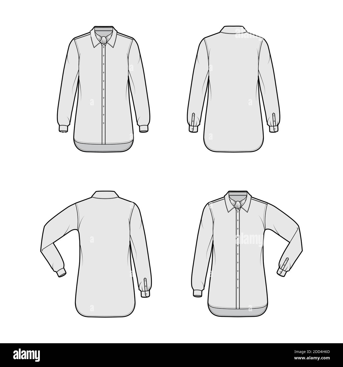 Set von Shirt ascot Streifen technische Mode Illustration mit Bindeband, Ellbogenfalte Langarm, Oversize, Button-Down, regulären Kragen. Flache Schablone vorne, Rückseite graue Farbe. Frauen Männer top CAD Mockup Stock Vektor