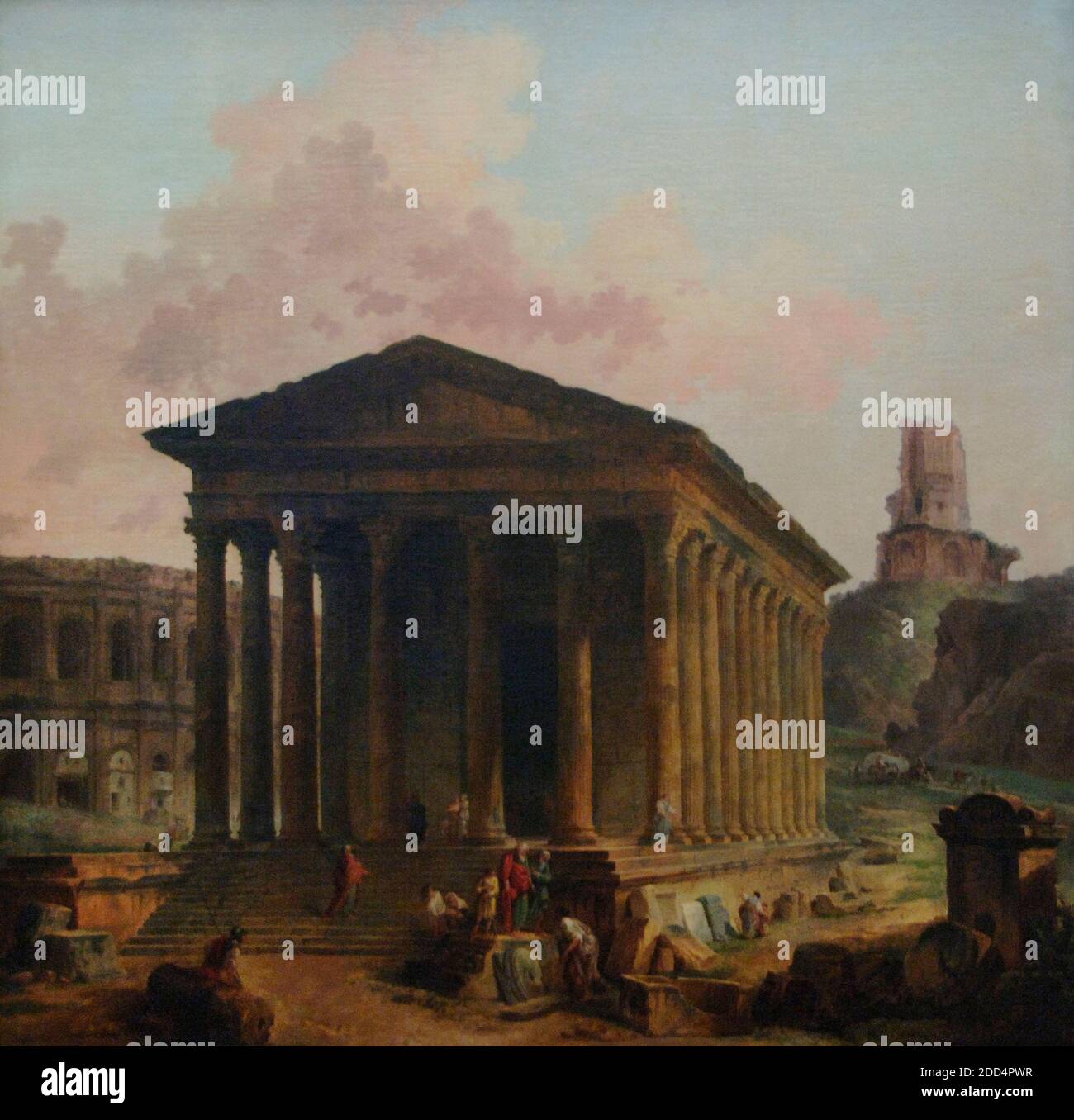 Hubert Robert (1733-1808). Französischer Maler. Das Maison Carrée, das Amphitheater und die Tour Magne in Nimes. Malereivon Hubert Robert (1733-1808), 1786-1787. Louvre Museum. Paris. Frankreich. Stockfoto