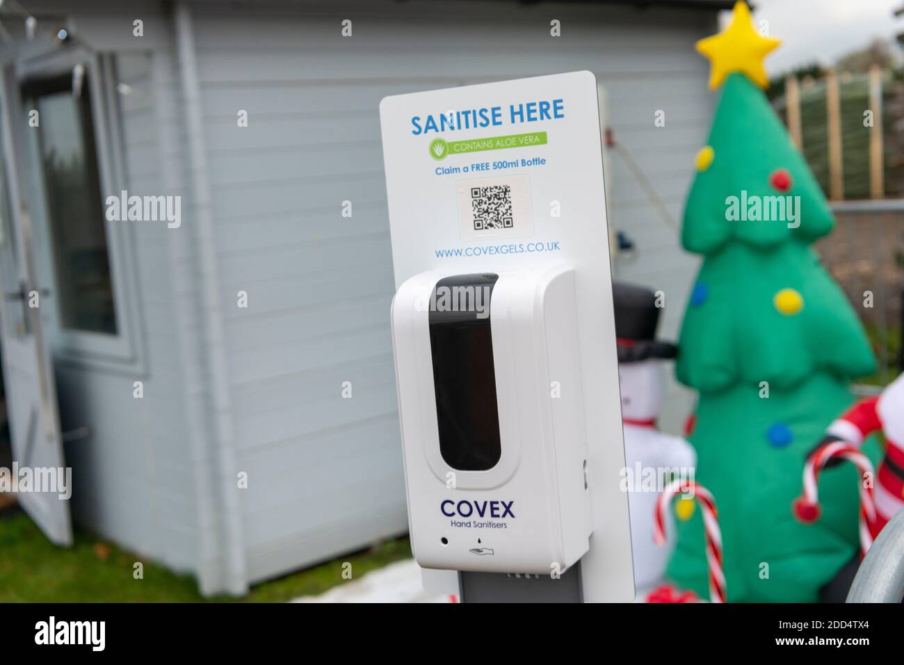 Willingham Cambridgeshire, Großbritannien. November 2020. Händedesinfektionsmittel und soziale Entfernungsmaßnahmen bereit in einem Weihnachtsbaum Shop zu öffnen, früher als geplant in einer Entspannung der Coronavirus Einschränkungen. Der Verkauf von Weihnachtsbäumen darf nach der Covid-Sperre in England am Mittwoch, dem 25. November, wieder eröffnet werden, bevor die Pandemie nach dem 2. Dezember wieder geschlossen wird. Kredit: Julian Eales/Alamy Live Nachrichten Stockfoto