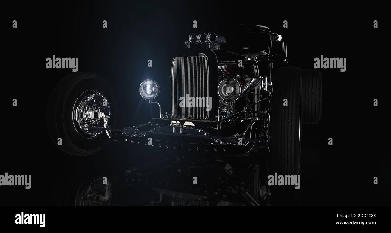 Hot Rod schwarz auf dunklem Hintergrund. 3D-Rendering Stockfoto