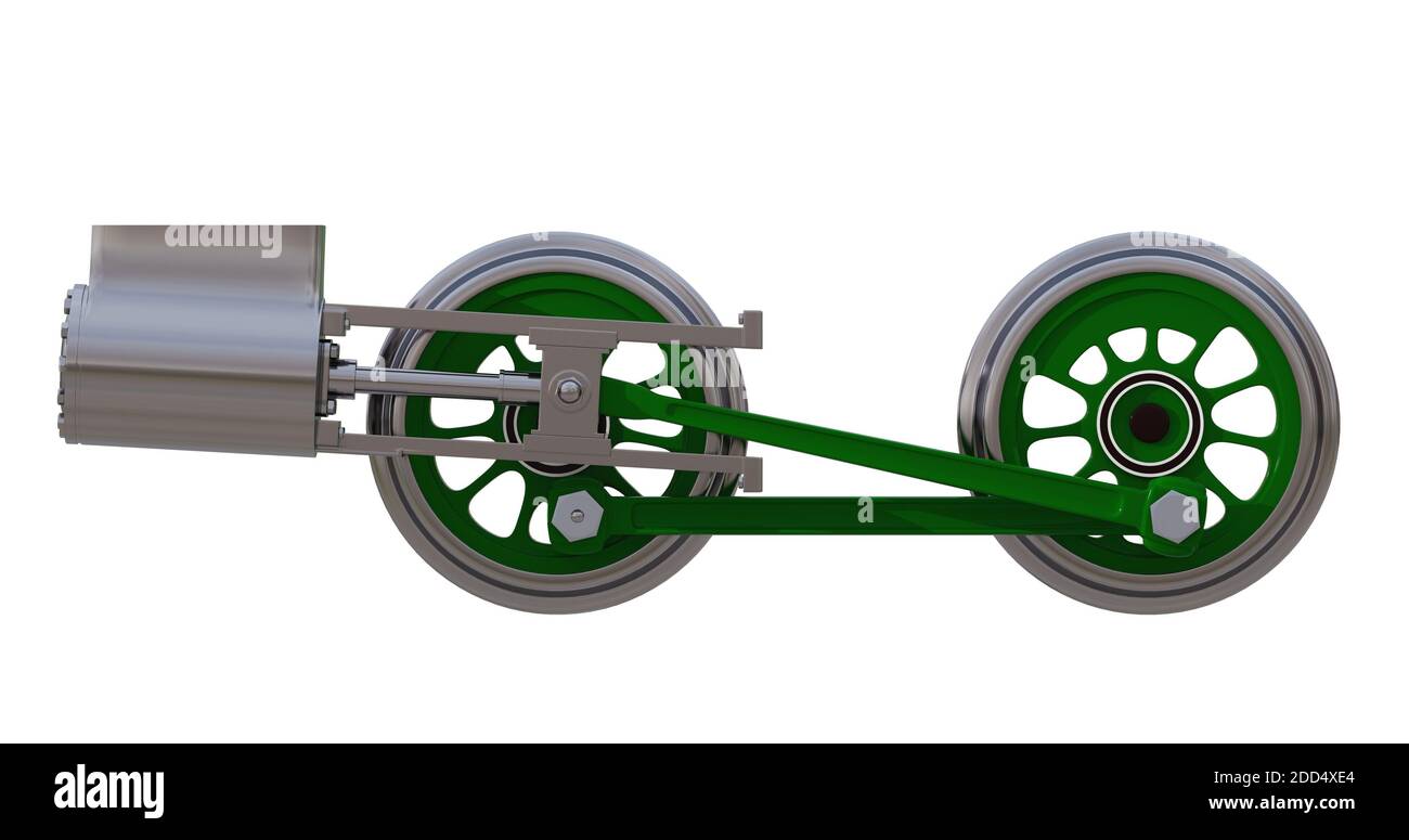 Die Räder der Lokomotive mit den Stangen und dem Dampfzylinder auf weiß. 3D-Rendering Stockfoto