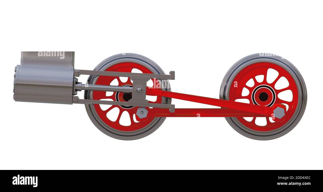 Die Räder der Lokomotive mit den Stangen und dem Dampfzylinder auf weiß. 3D-Rendering Stockfoto