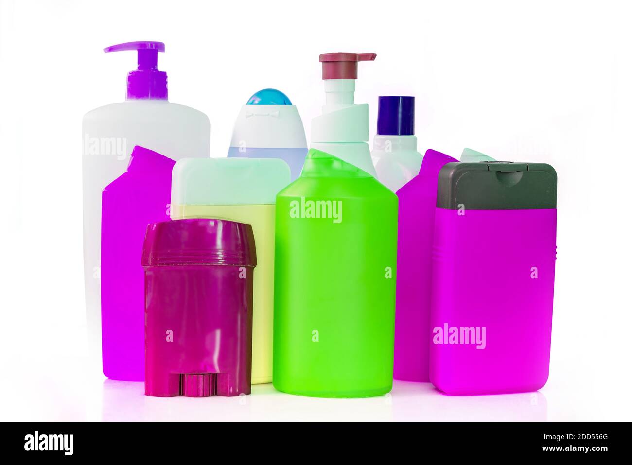 Sammlung von bunten Kunststoff Flaschen und Behälter in Hygiene Produkte Stockfoto
