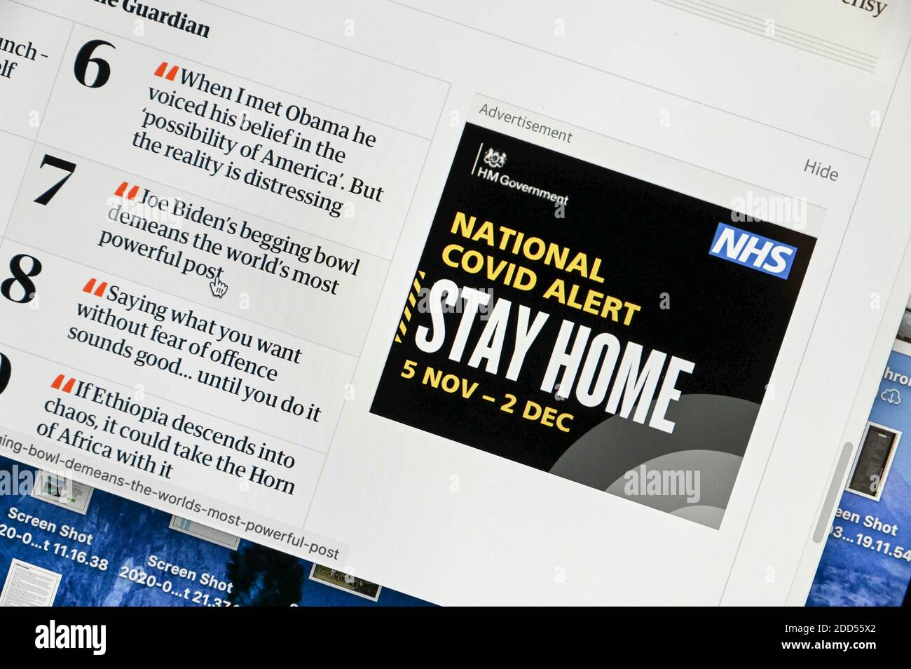 Online National Covid Beratung der britischen Regierung zu "Bleib nach Hause" während der nationalen "zweiten Sperre" vom 5. November bis 2. Dezember 2020. Stockfoto