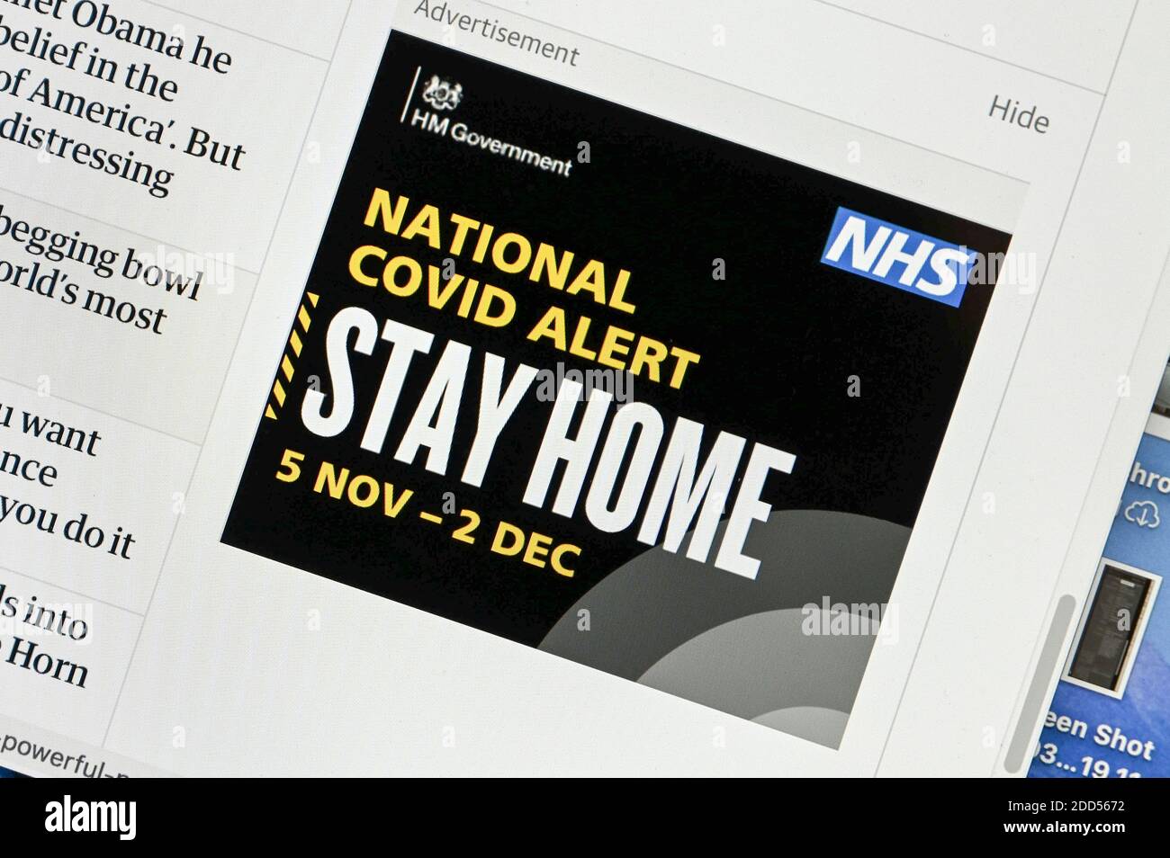Online National Covid Beratung der britischen Regierung zu "Bleib nach Hause" während der nationalen "zweiten Sperre" vom 5. November bis 2. Dezember 2020. Stockfoto