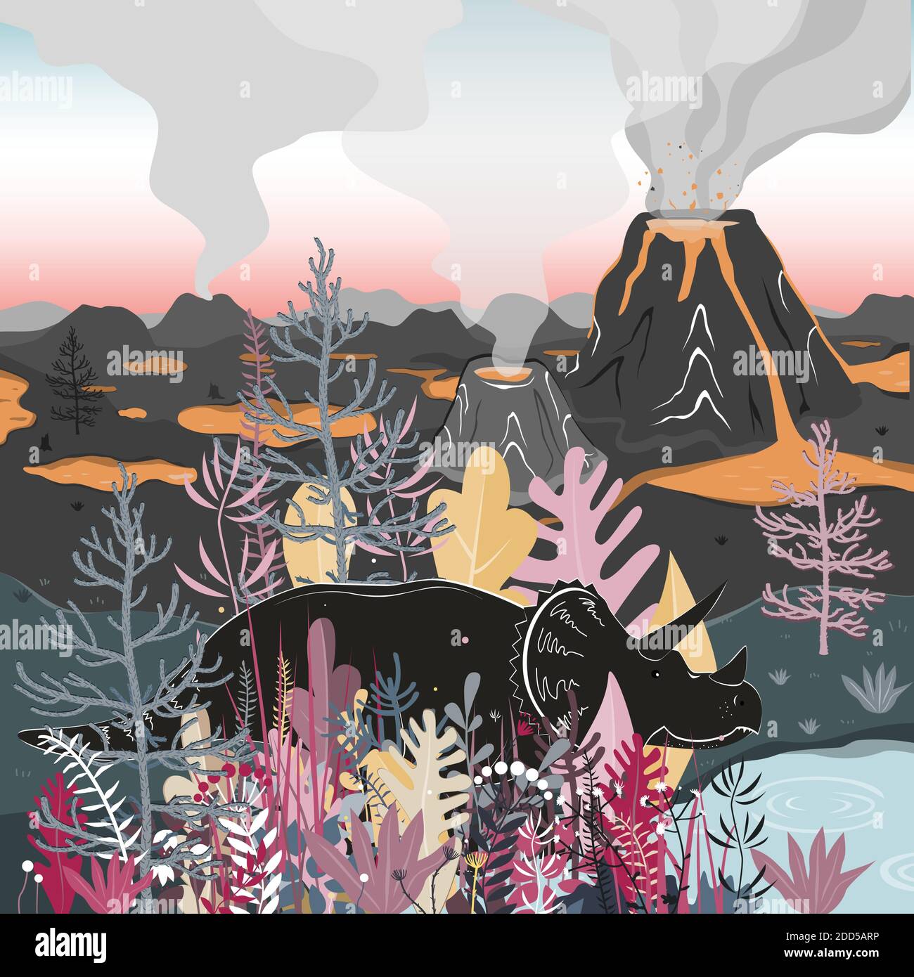 Triceratops Dinosaurier wandern durch ein Waldgebiet mit Vulkanlandschaft Hintergrund. Vektorgrafik Stock Vektor