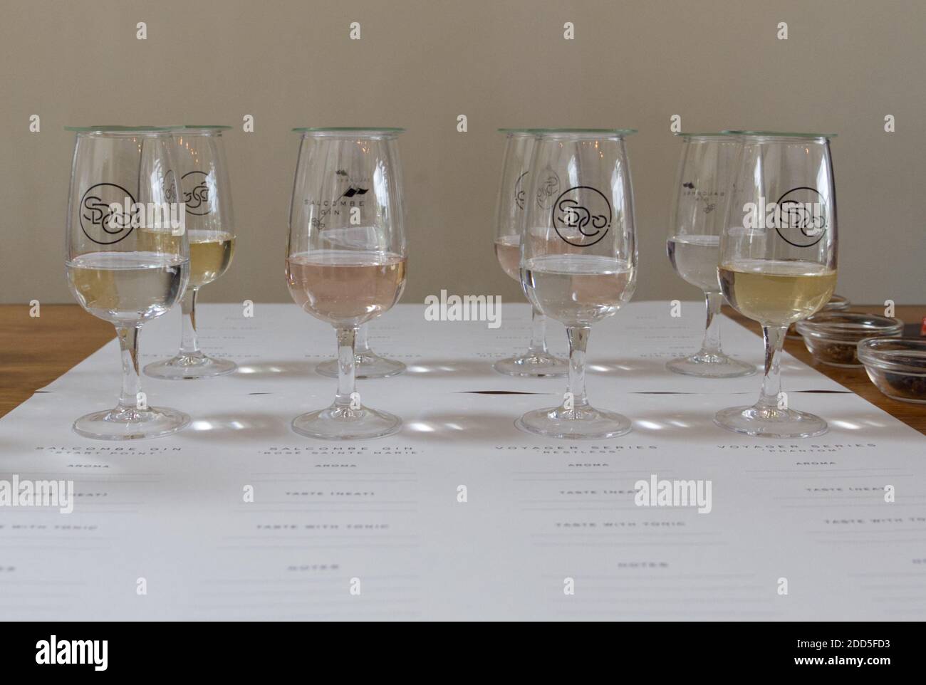 Salcombe Gin Distillary. Das Bootshaus, Salcombe Town. Gin Tasting, Bar, Fish Quay am Kingsbridge Estuary. Küstenstadt. Botanicals, Gin School, Stockfoto