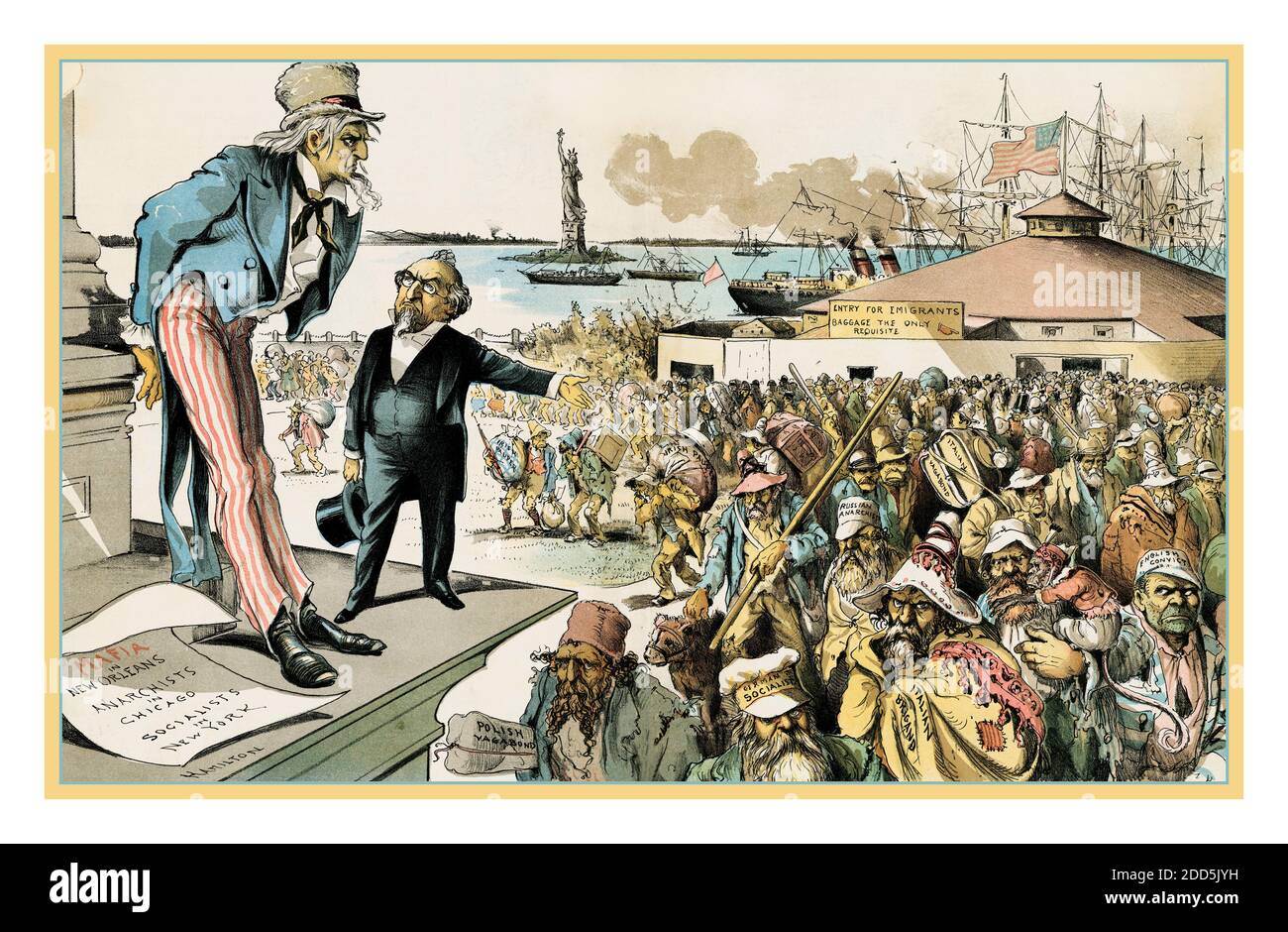 Vintage USA Political Immigration Poster 1890 ‘ wo die Schuld liegt’ Richter (an Onkel Sam)---"Wenn Immigration richtig eingeschränkt wäre, würde man nicht mehr mit Anarchie, Sozialismus, Mafia und solchen verwandten Übeln beunruhigt sein!" 1891 Stockfoto