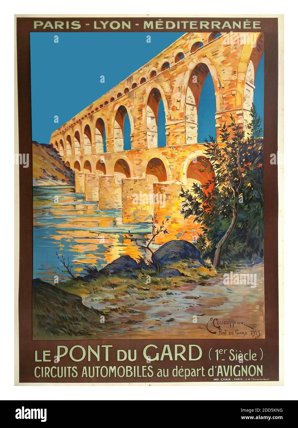 Reiseposter PLM le Pont du Gard Circuits aus dem Jahr 1900 Automobiles au depart d'Avignon Frankreich ersten Jahrhundert römischen Viadukt Paris Lyon Mediterranee Südfrankreich Stockfoto