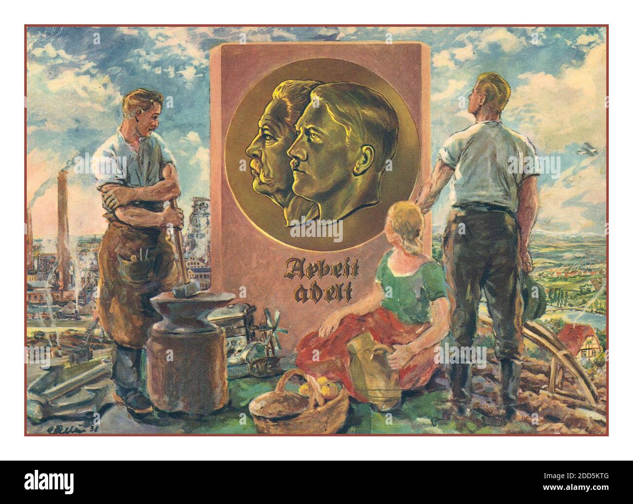 Vintage Nazi Propaganda Drittes Reich 1933 Adolf Hitler und Präsident Paul von Hindenburg Illustration Maifeiertag Arbeit macht dich edel Propagandakarte Stockfoto