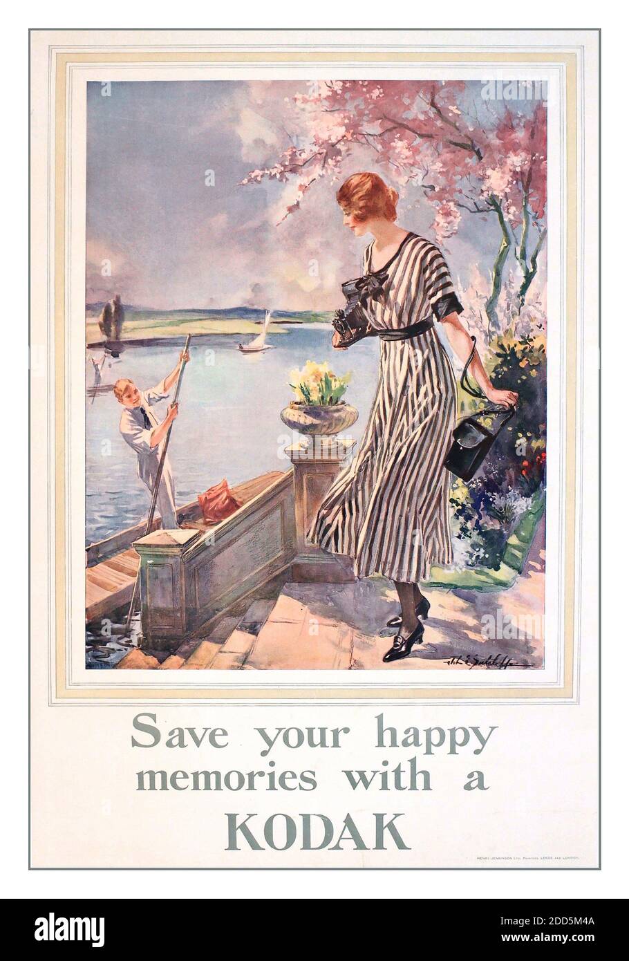 Vintage Kodak Werbeplakat 1920er Jahre "Speichern Sie Ihre glücklichen Erinnerungen mit einem Kodak", original Poster gedruckt von Henry Jenkinson c. 1920 -John E Sutcliffe (1875-1922) illustriert eine Bootsszene auf einem Fluss im Frühling Stockfoto