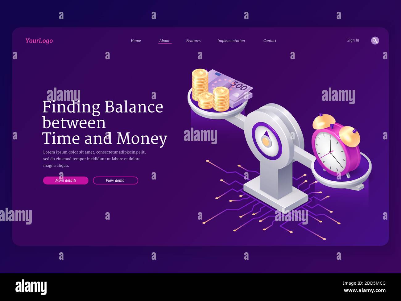 Zeit- und Geldausgleich nach Maß. Konzept der Vergleichsarbeit und des Wertes, des finanziellen Gewinns. Vektor Landing Page mit isometrischer Darstellung von Münzen, Bargeld und Uhr auf der Waage Stock Vektor