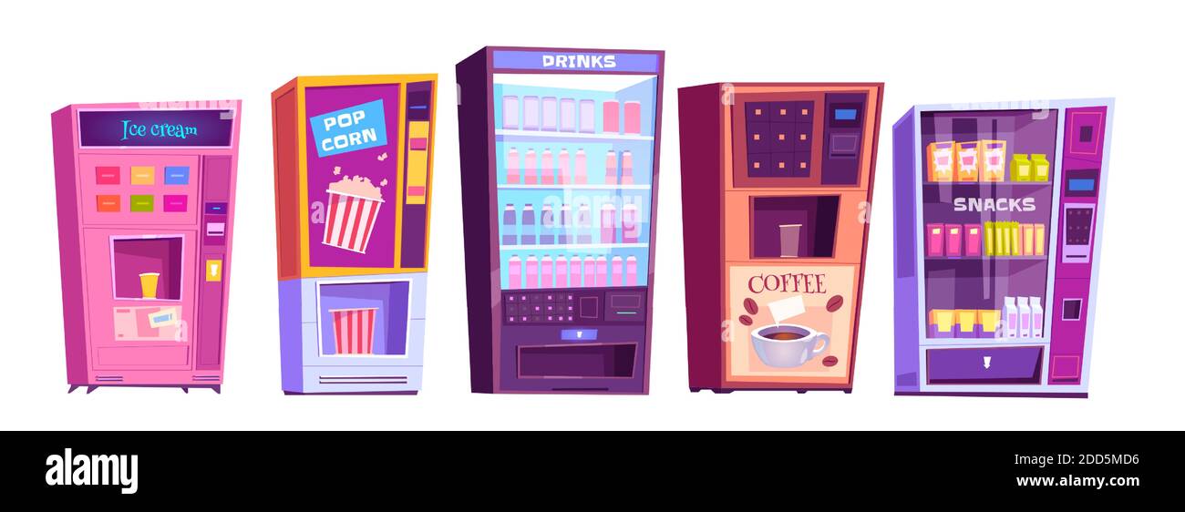 Verkaufsautomaten mit Snacks, Popcorn, Kaffee und kalten Getränken auf weißem Hintergrund isoliert. Anbieter-Service, automatische Retail-Produkte Business-Konzept. Cartoon Vektorgrafik, Symbole gesetzt Stock Vektor