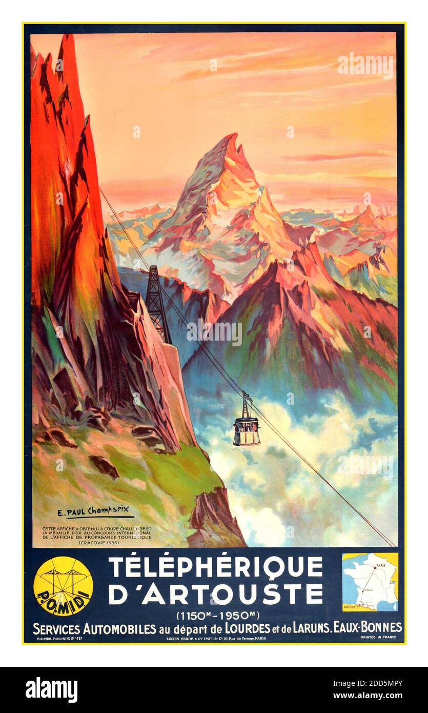 Vintage 1930er Jahre travel Poster Telepherique D'Artouste / Artouste Seilbahn -Kunstwerk von E. Paul Champeix mit der Seilbahn über den Wolken mit Bergen im Hintergrund schwebend. Dieses Plakat gewann den Challenge Cup und die Goldmedaille beim internationalen touristischen Plakatwettbewerb (Krakau 1935). Gedruckt in Paris. Das Skigebiet Artouste befindet sich im Arrondissement Oloron-Sainte-Marie (Frankreich, Neu-Aquitaine (Nouvelle-Aquitaine), Pyrénées-Atlantiques (Departement)). Frankreich Stockfoto