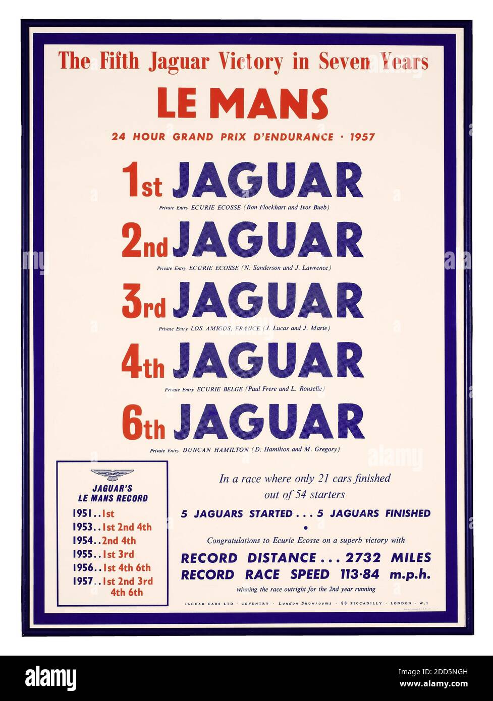 JAGUAR Vintage 1957 Le Mans 24-Stunden-Rennen mit Jaguar Siegen 1. Bis 6. „Der fünfte Jaguar Sieg in sieben Jahren“, Le Mans, Poster gedruckt in England von B & S Ltd für Jaguar Cars Limited 1957 - 2732 Meilen Renngeschwindigkeit durchschnittlich 113,84 mph Stockfoto