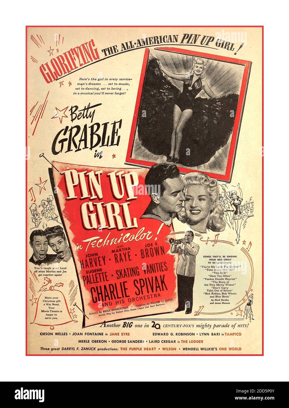 Filmposter aus dem 2. Weltkrieg in den 40er Jahren mit Betty Grable in 'Pin Up Girl', 1944 mit John Harvey Martha Raye Joe Brown Eugene Pallette Charlie Spivak von 20th Century Fox Studios World war II Pin Up Girl in Technicolor Stockfoto